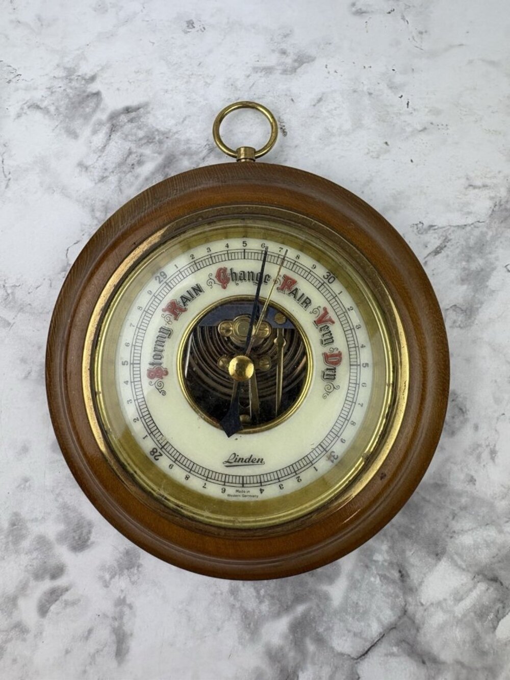*Vintage Linden German Wood Brass Barometer Wall Weather Gauge 5 " Ship Nautical